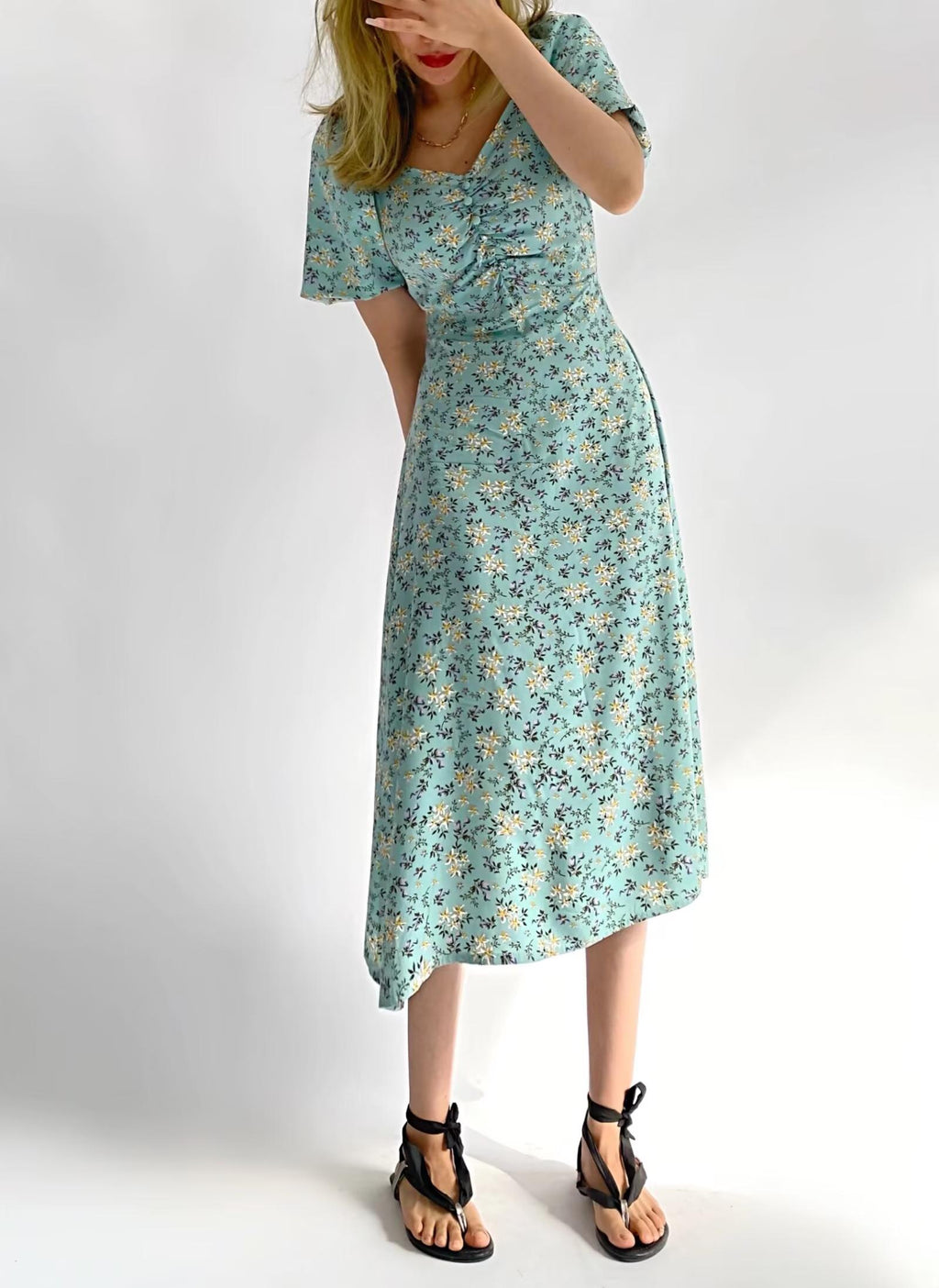 Floral Puff-Sleeve A-Line Tea Dress