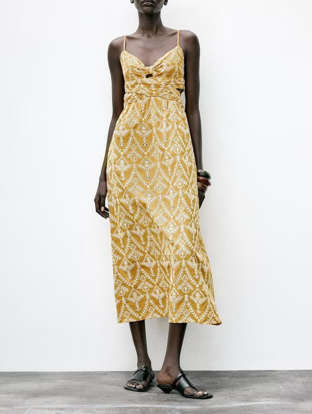 Embroidered V-Neck Cutout Midi Dress
