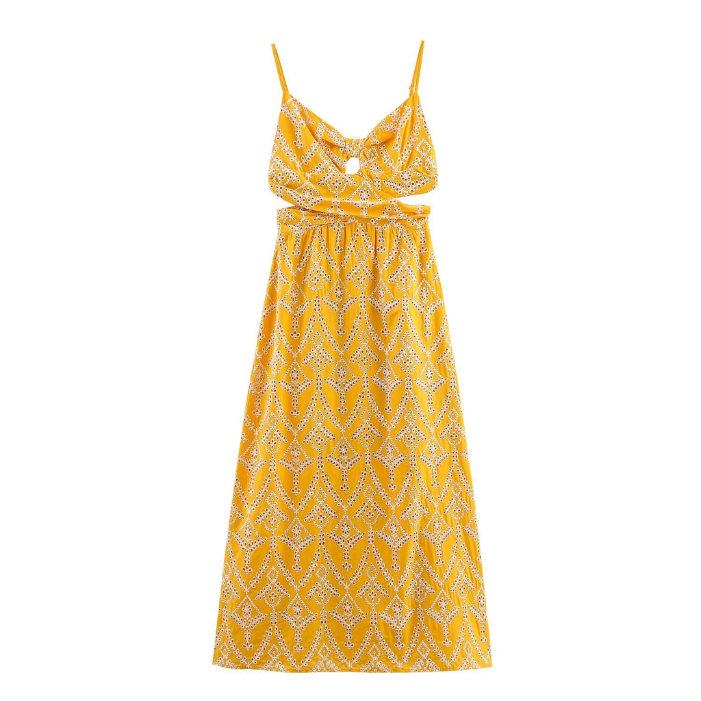 Embroidered V-Neck Cutout Midi Dress
