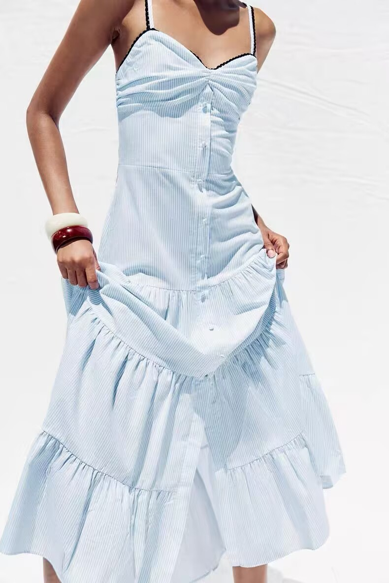 Women's French Striped Sleeveless Strap Dress