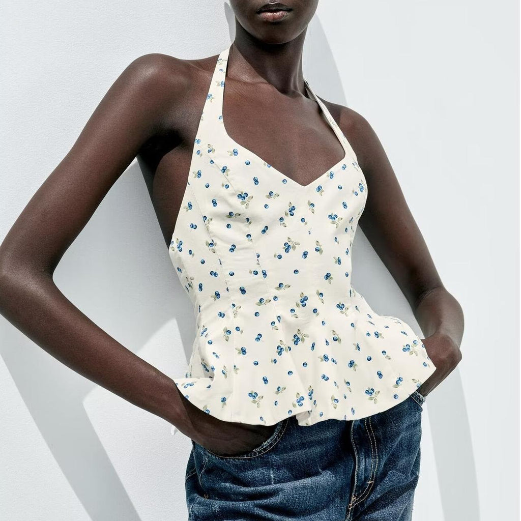 Women's Floral Print Hanging Collar Top