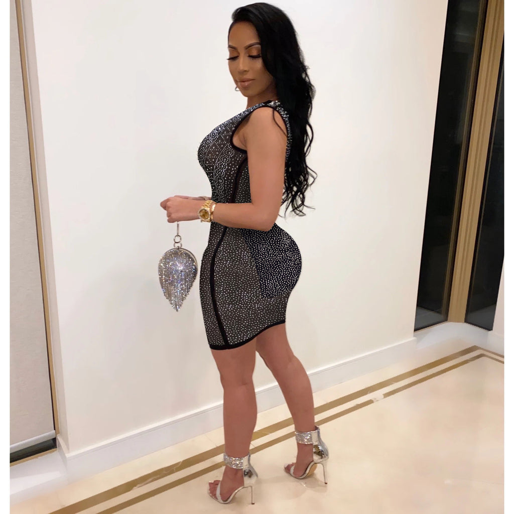 Women's Crew-Neck Rhinestone Mesh Dress