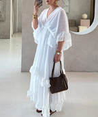 Gentle Dress Elegant Vacation V-Neck Flounce Design Solid Color