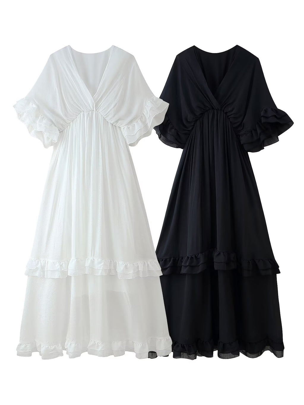 Gentle Dress Elegant Vacation V-Neck Flounce Design Solid Color