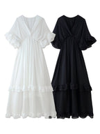 Gentle Dress Elegant Vacation V-Neck Flounce Design Solid Color