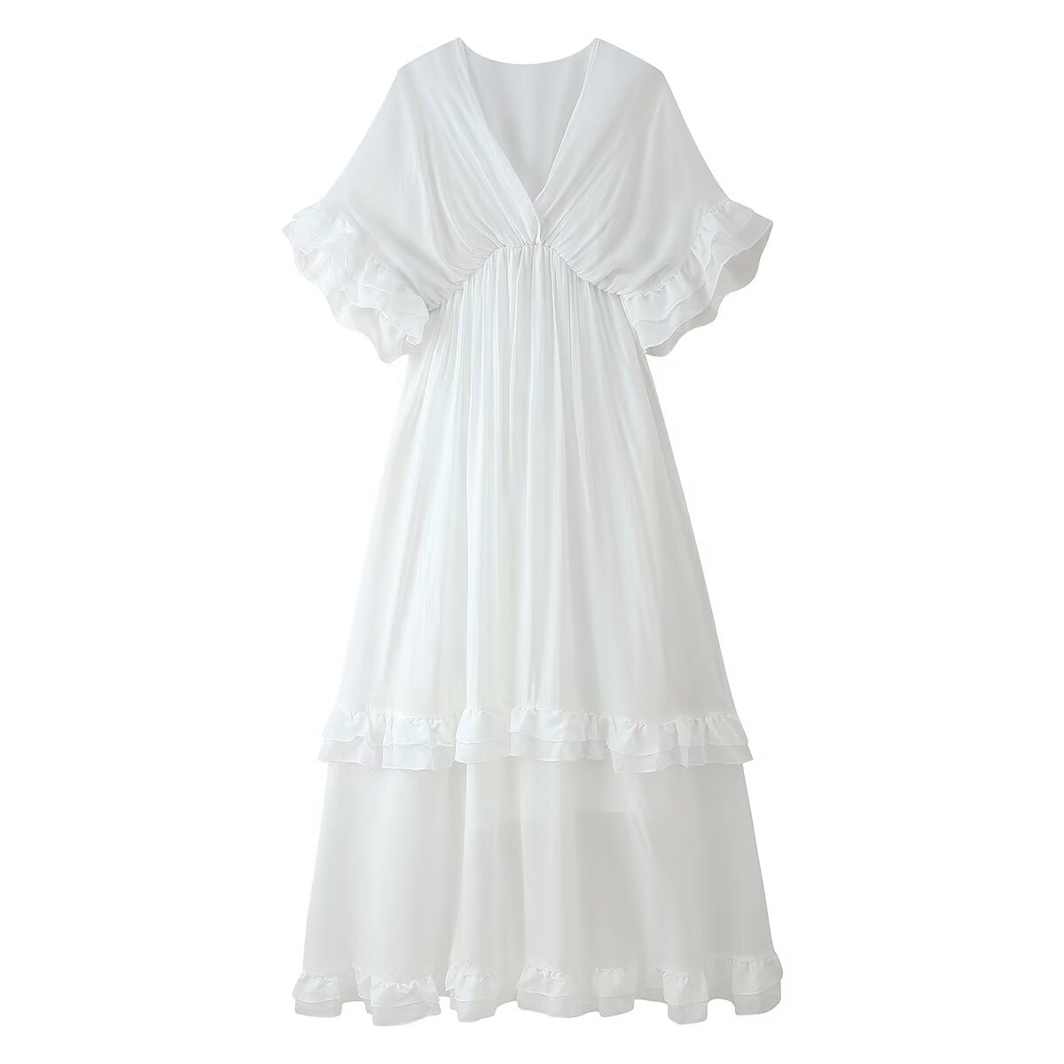 Gentle Dress Elegant Vacation V-Neck Flounce Design Solid Color