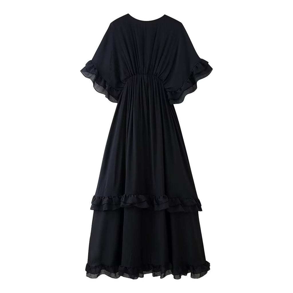 Gentle Dress Elegant Vacation V-Neck Flounce Design Solid Color