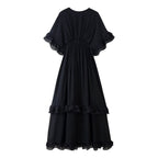 Gentle Dress Elegant Vacation V-Neck Flounce Design Solid Color