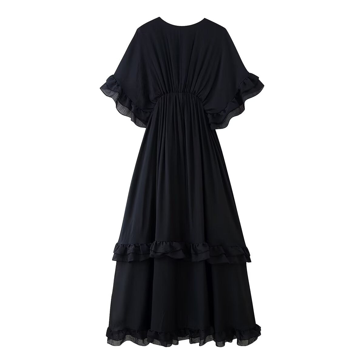 Gentle Dress Elegant Vacation V-Neck Flounce Design Solid Color