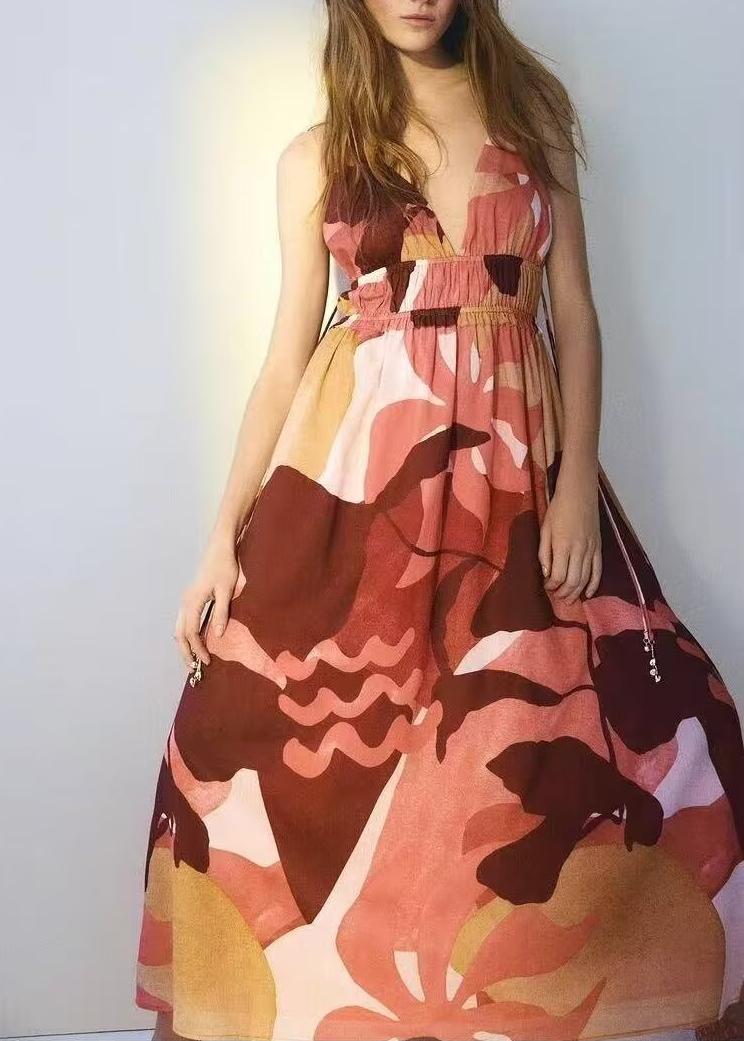 Women's Rayon Printed Tassel Beads Bohemian Sling Dress Summer Sexy Backless Midi Dress