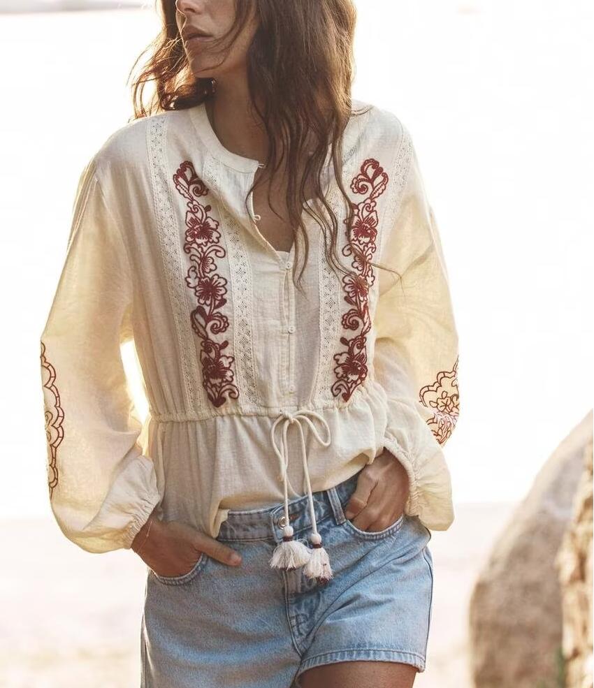 Women's Round Neck Long Sleeve Embroidered Shirt