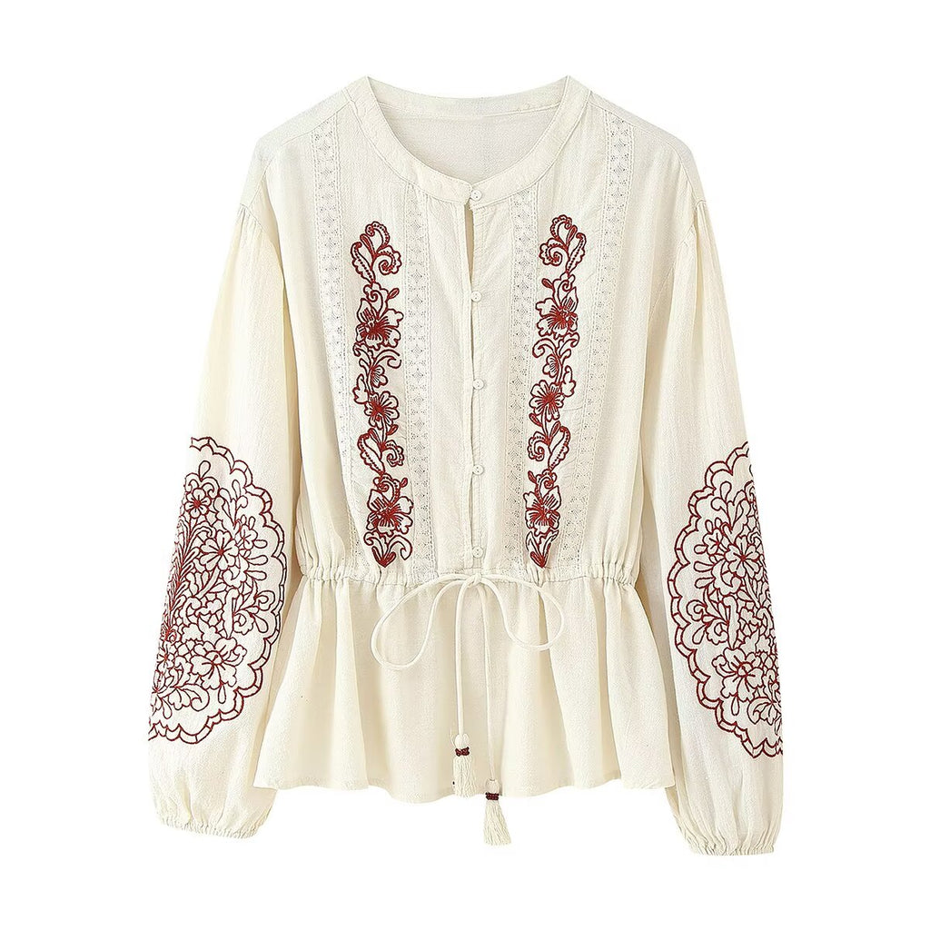 Women's Round Neck Long Sleeve Embroidered Shirt