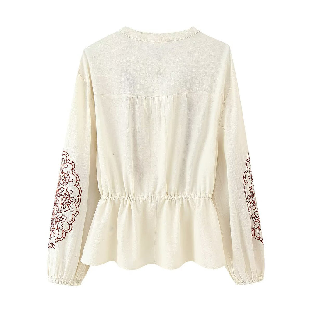 Women's Round Neck Long Sleeve Embroidered Shirt