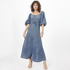 Women's Square Neck Lantern Sleeve Denim Dress