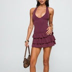 Women's Sexy Halter Tiered Dress Women Summer Sexy Deep V Plunge Neck Waist Controlled Slimming
