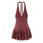 Women's Sexy Halter Tiered Dress Women Summer Sexy Deep V Plunge Neck Waist Controlled Slimming