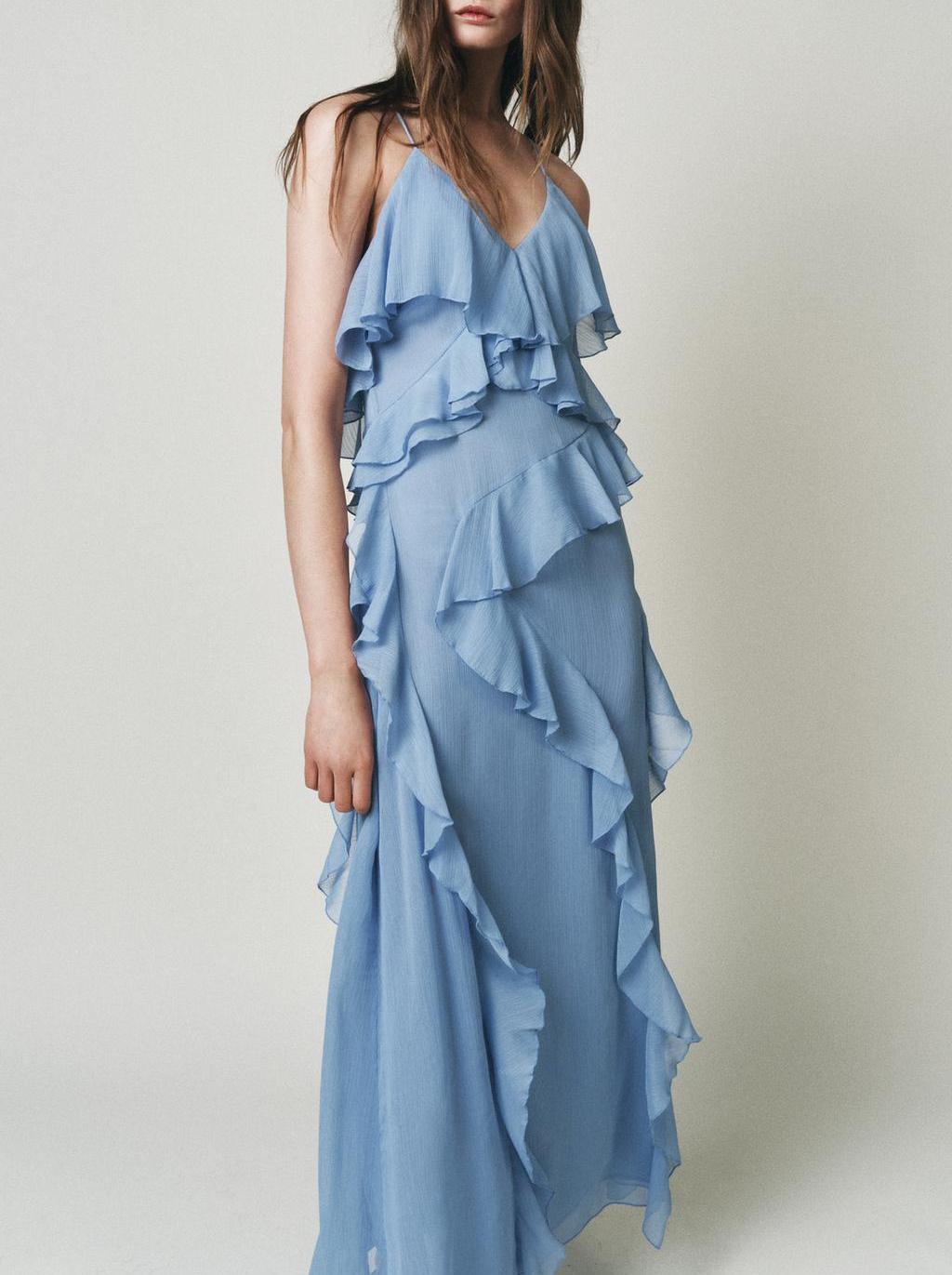 Women's Blue V-Neck Ruffle Backless Midi Dress