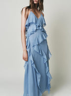 Women's Blue V-Neck Ruffle Backless Midi Dress