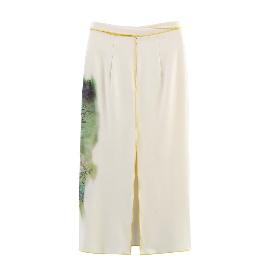 Summer Elegant Printed Satin Midi Skirt