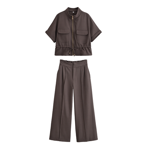 Summer Wind Fashionable Curled Brim Short Sleeve Hunting Loose Collared Shirt Women Casual Trousers Suit