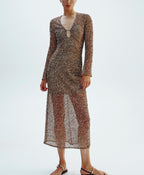Women's Dark Brown Sequin V-Neck Shirt Midi Dress