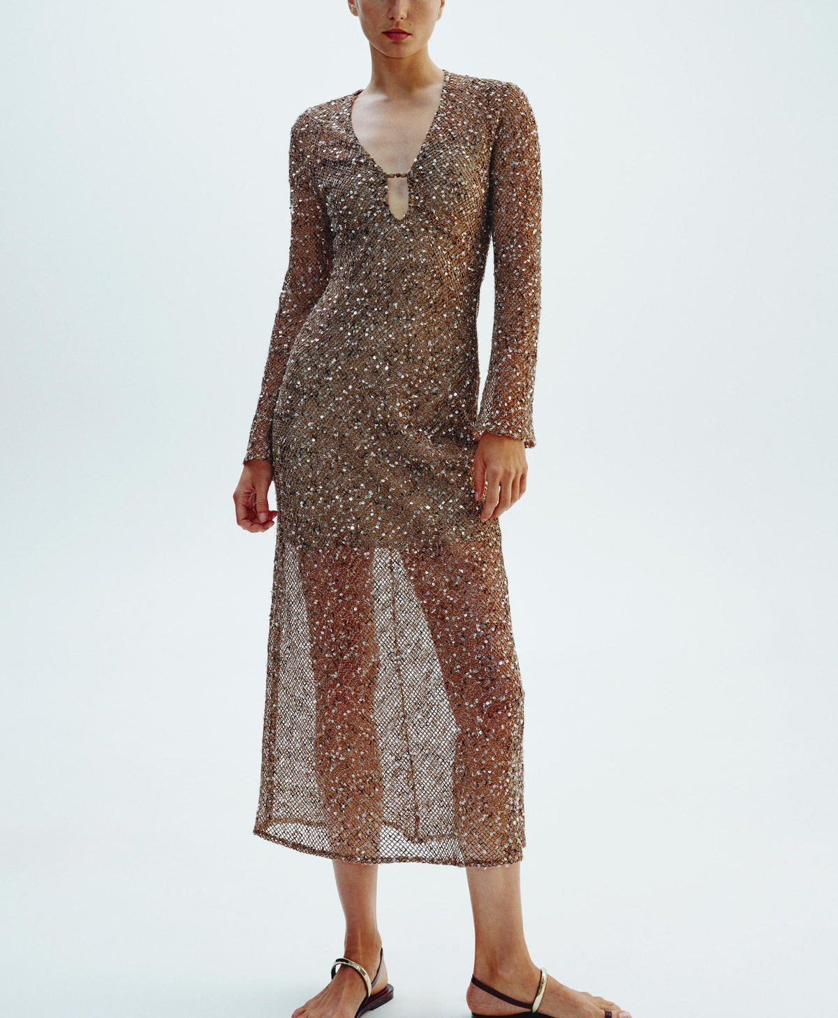 Women's Dark Brown Sequin V-Neck Shirt Midi Dress