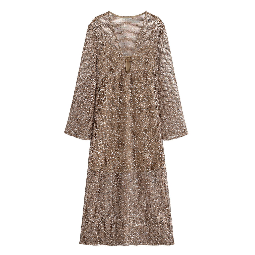 Women's Dark Brown Sequin V-Neck Shirt Midi Dress