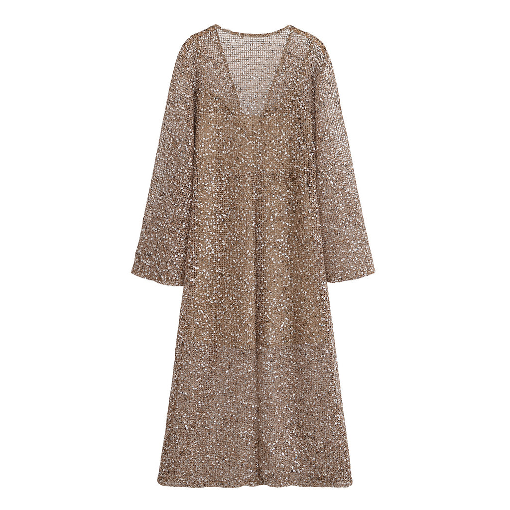 Women's Dark Brown Sequin V-Neck Shirt Midi Dress