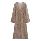 Women's Dark Brown Sequin V-Neck Shirt Midi Dress