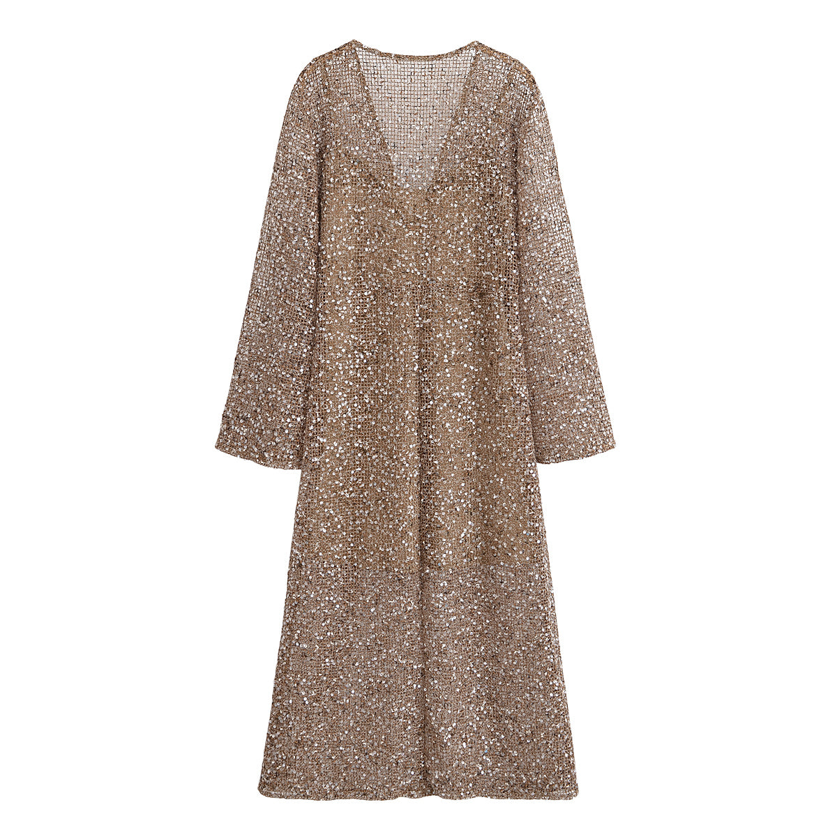Women's Dark Brown Sequin V-Neck Shirt Midi Dress