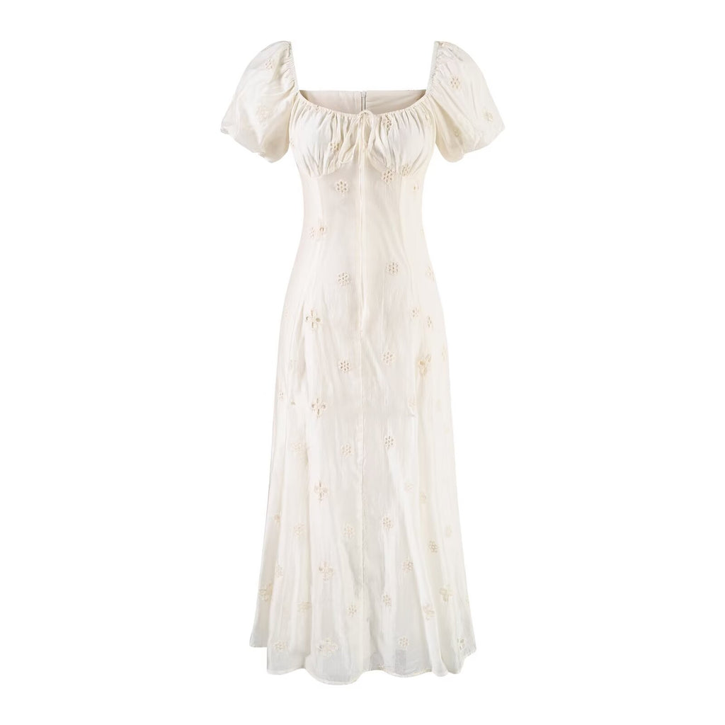 Women's Floral Embroidered Puff Sleeve Vacation Midi Dress
