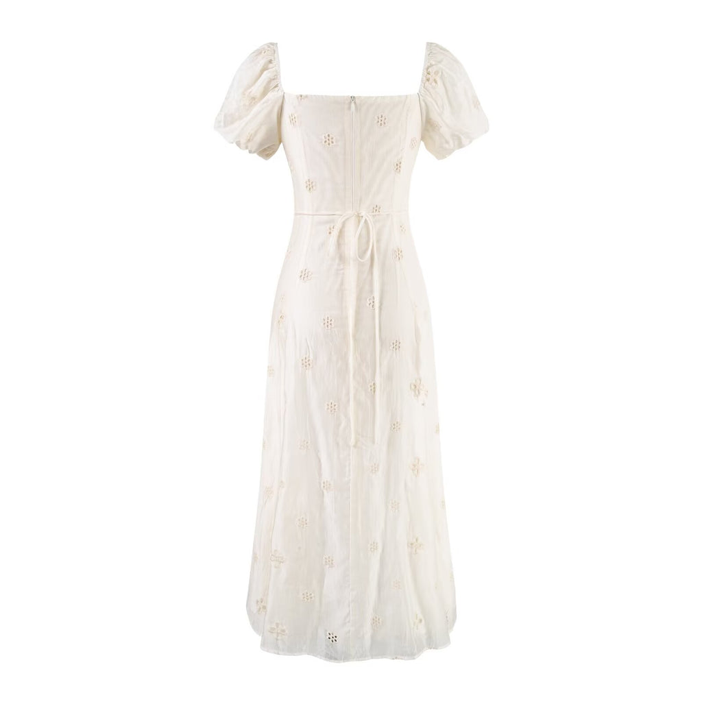 Women's Floral Embroidered Puff Sleeve Vacation Midi Dress