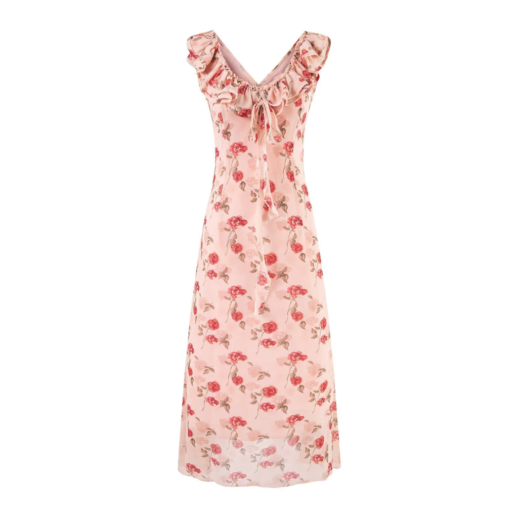 Women's V-Neck Floral Ruffle Ruched Tie A-Line Midi Dress