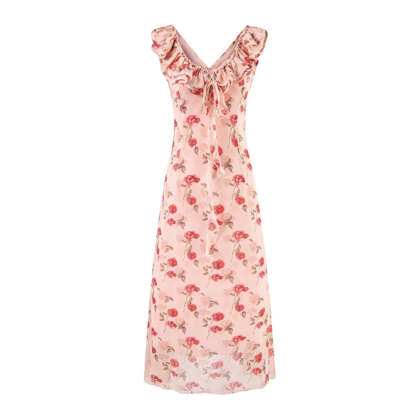 Women's V-Neck Floral Ruffle Ruched Tie A-Line Midi Dress