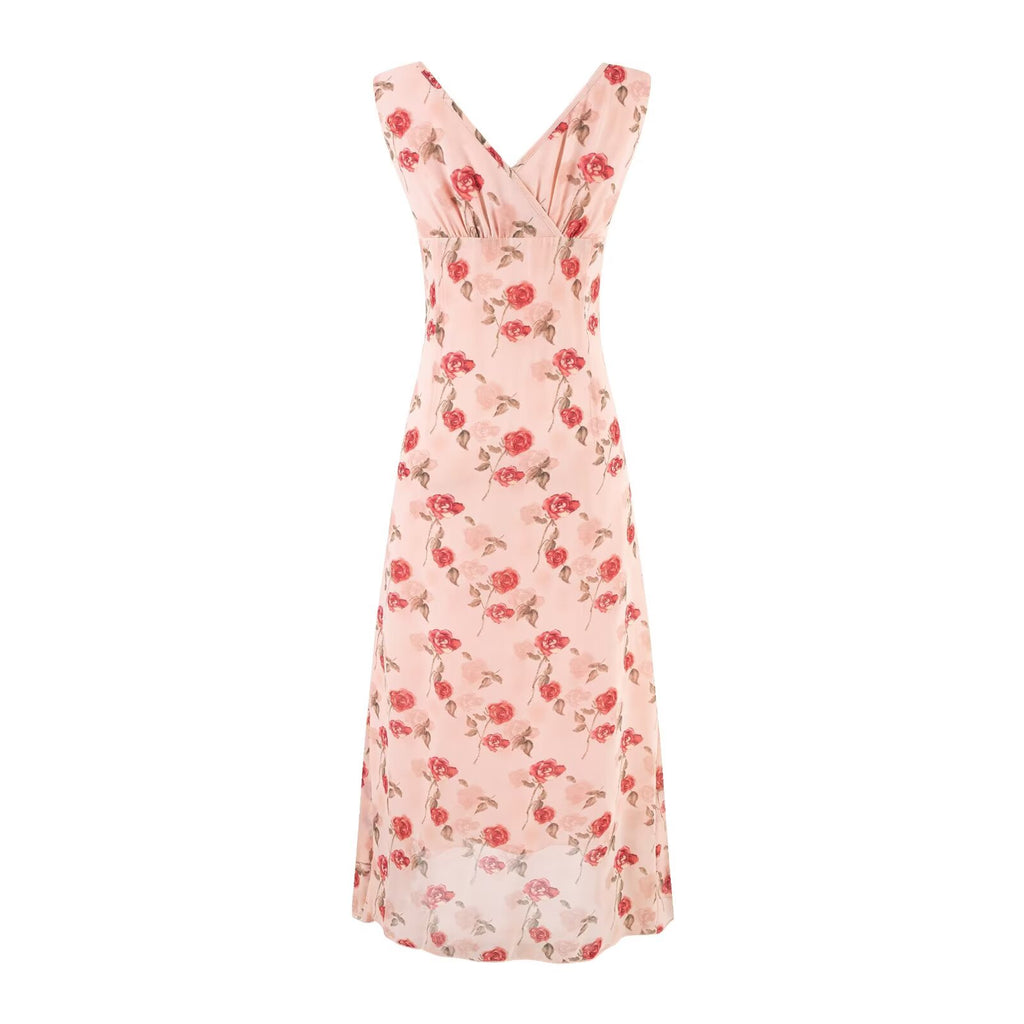 Women's V-Neck Floral Ruffle Ruched Tie A-Line Midi Dress