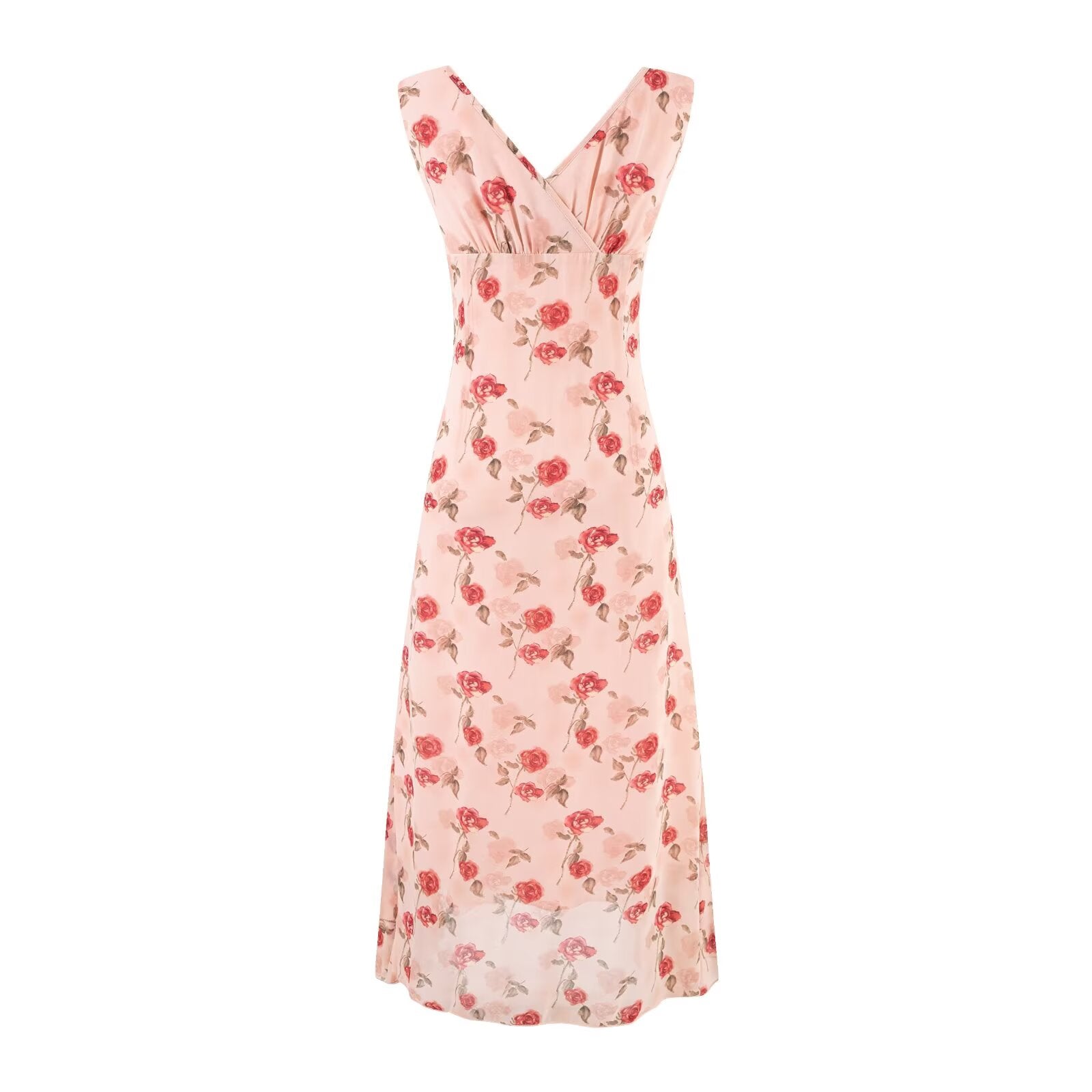 Women's V-Neck Floral Ruffle Ruched Tie A-Line Midi Dress