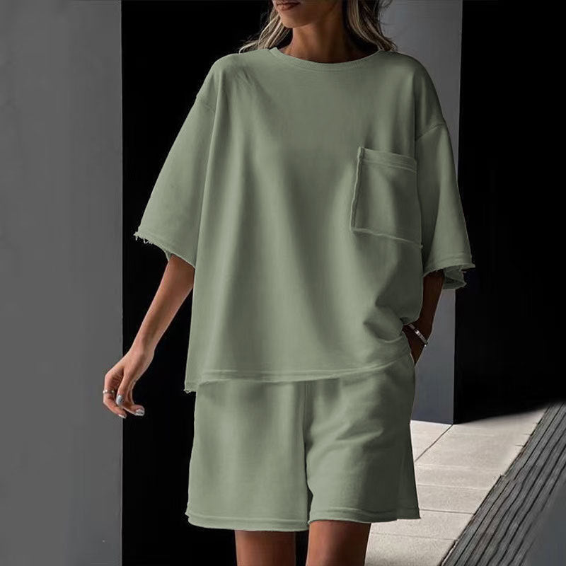 Women's Summer Women's Short Sleeved Shorts Set Round Neck Pullover
