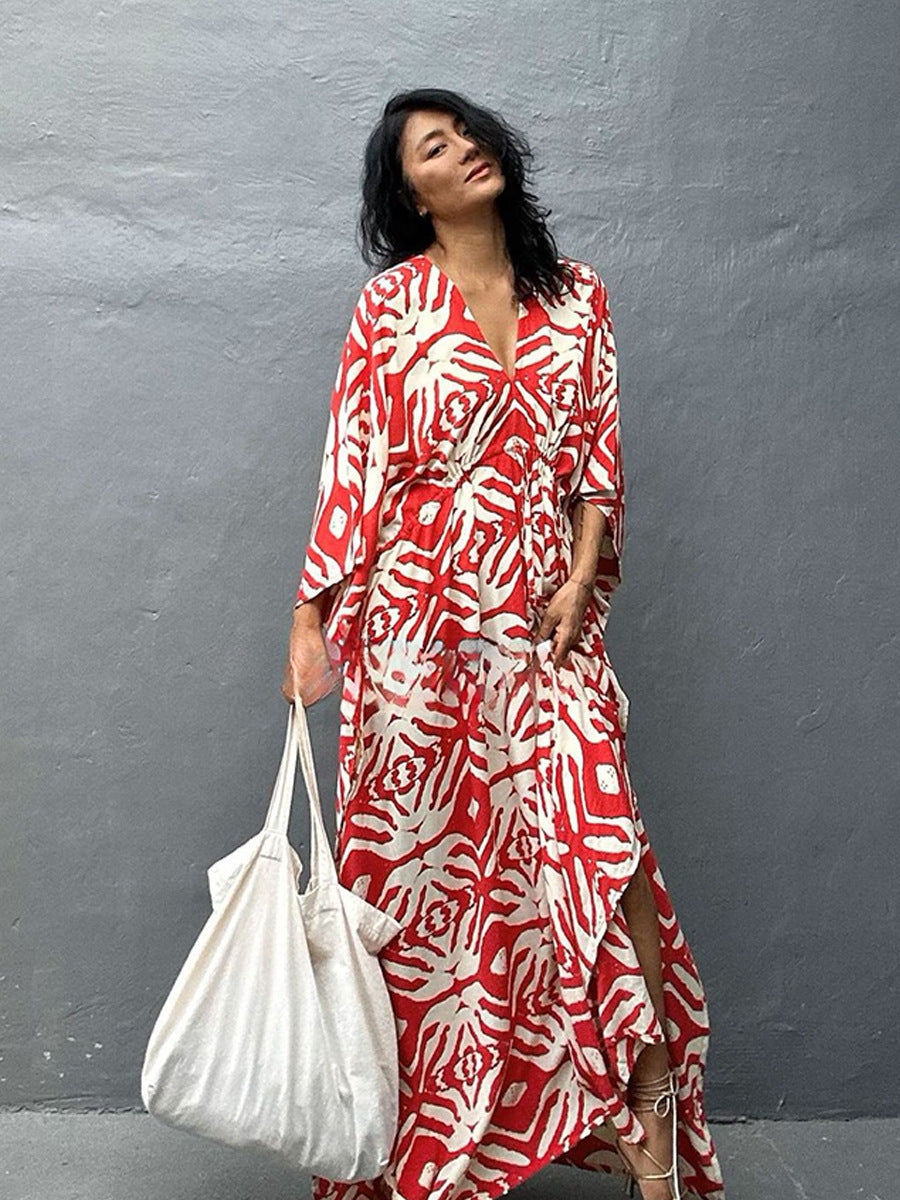 Rayon drawstring maxi dress in red with white animal print, front V-neck