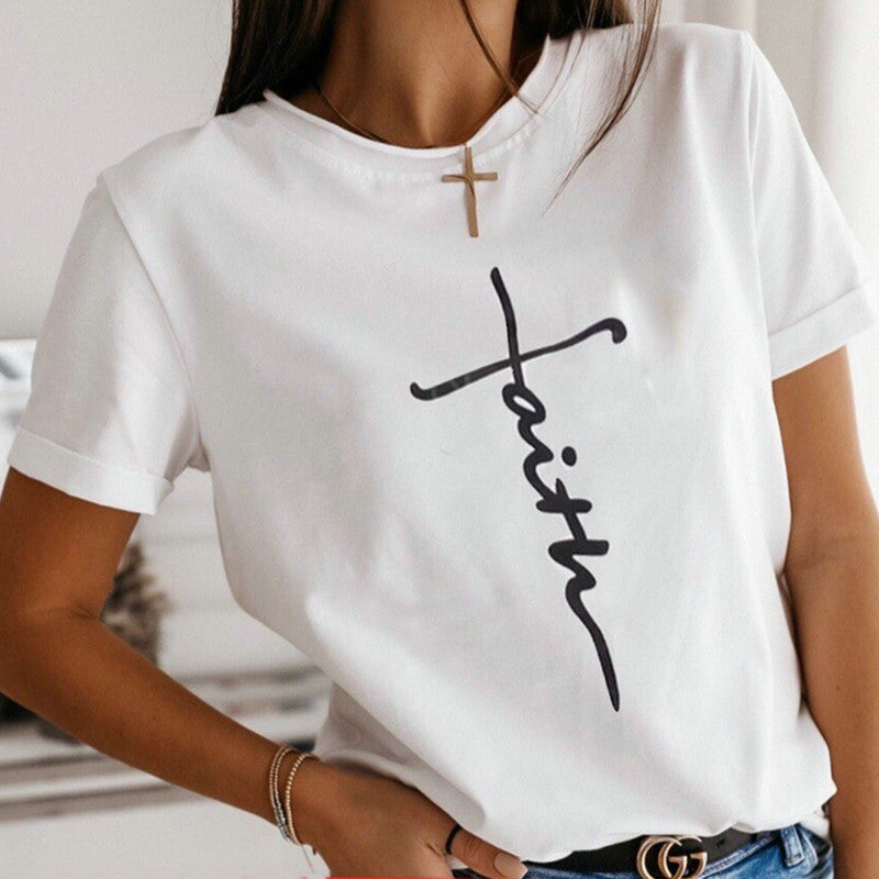 Women's Clothing Summer Letter Graphic Printed Round Neck Short Sleeve T Shirt