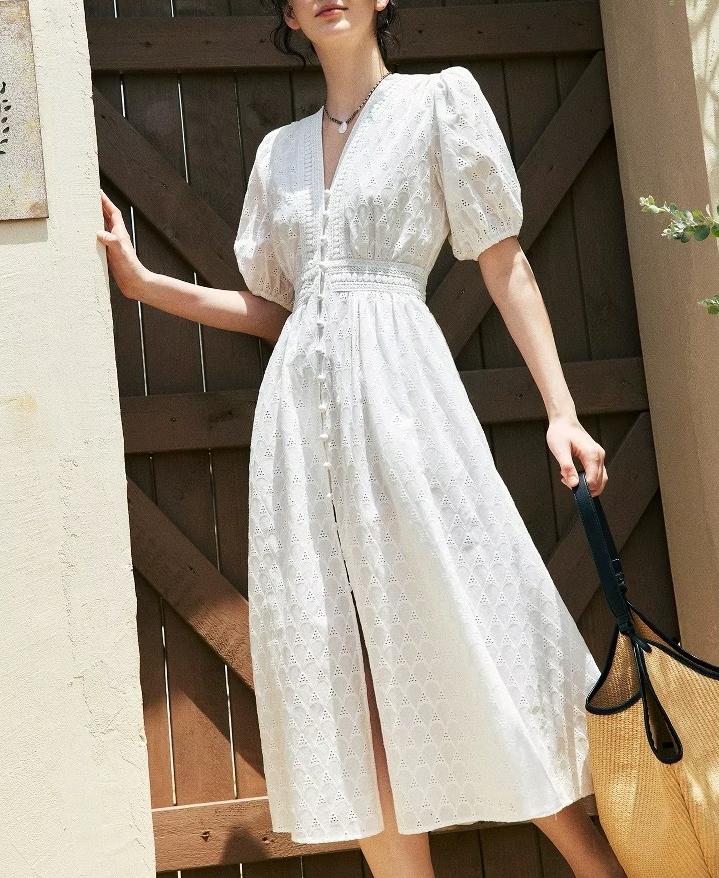 Lace Cotton Embroidered Tea Midi Dress