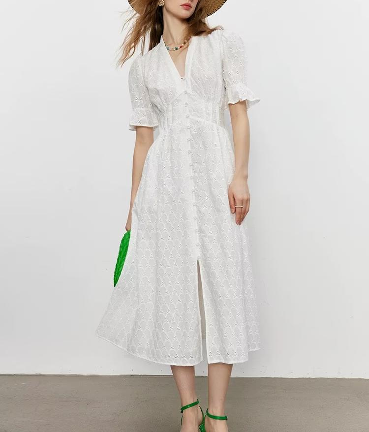 Embroidered V-Neck Button Short-Sleeve Dress