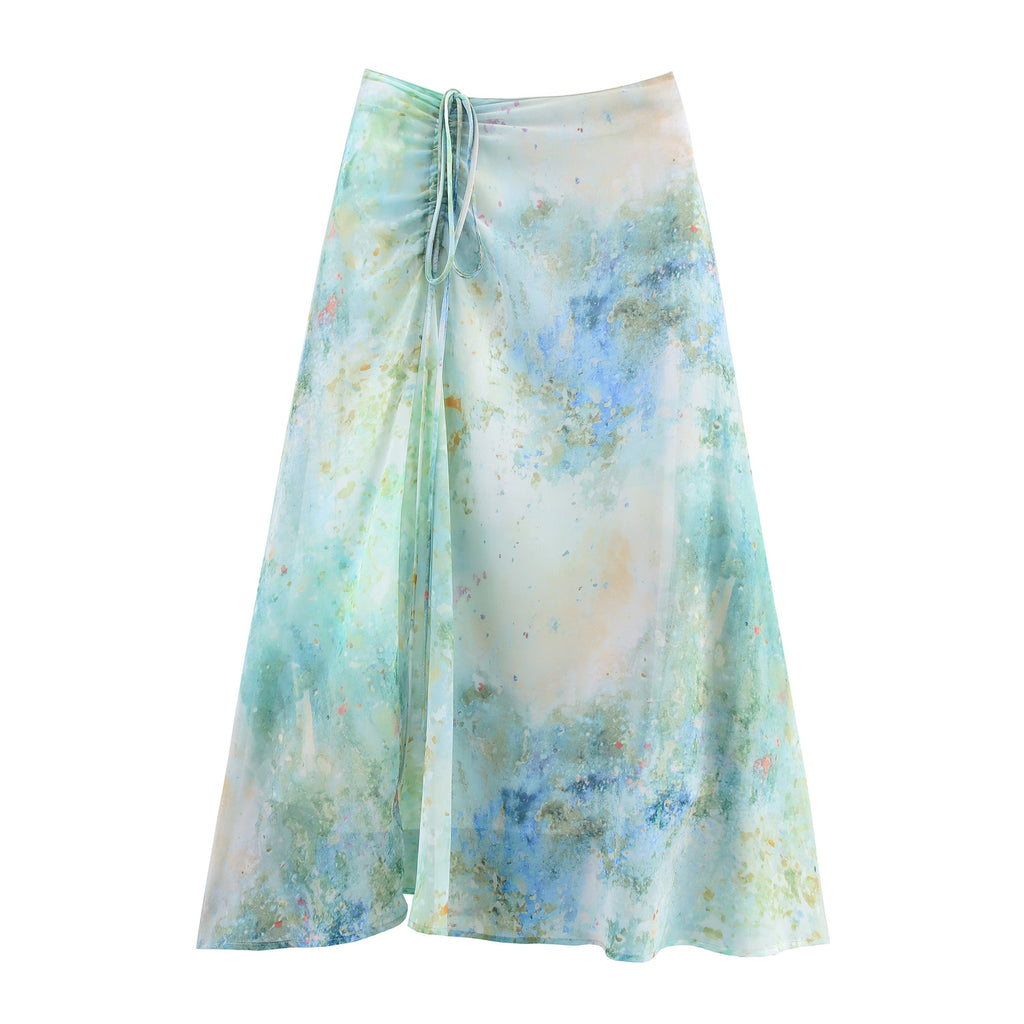 Blooming Printed Pull Belt Chiffon Irregular Skirt