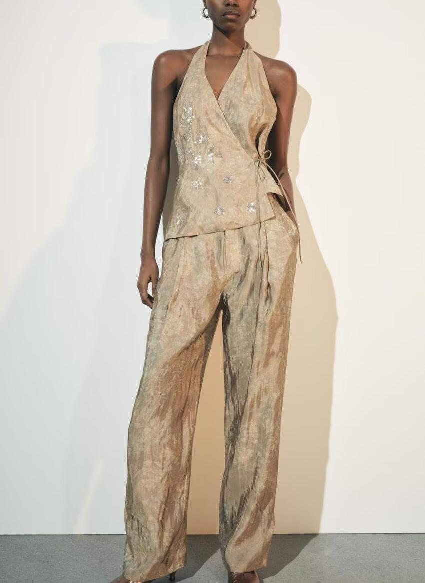 Summer Lace Up Waist Beaded Embroider Jacket Wide Leg Trousers Set