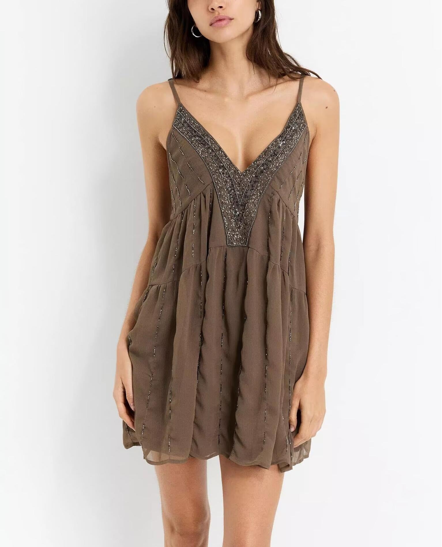 Beaded Sequin Embroidered Spaghetti-Strap Dress