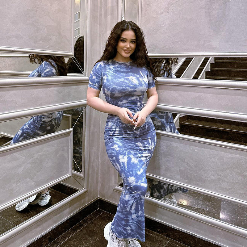 Abstract Print Crew-Neck Ruched Short-Sleeve Bodycon Maxi Dress
