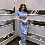 Abstract Print Crew-Neck Ruched Short-Sleeve Bodycon Maxi Dress