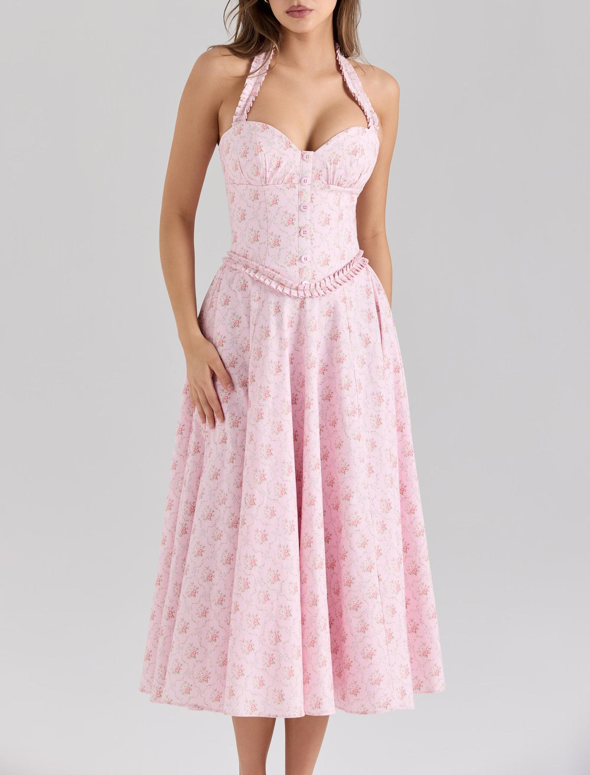 Women's Romantic Pink Floral Beam Waist Backless Halter Dress