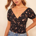 Women's French Retro V Neck Ruffled Puff Sleeve Top Women Floral Vacation Short Sleeve Shirt