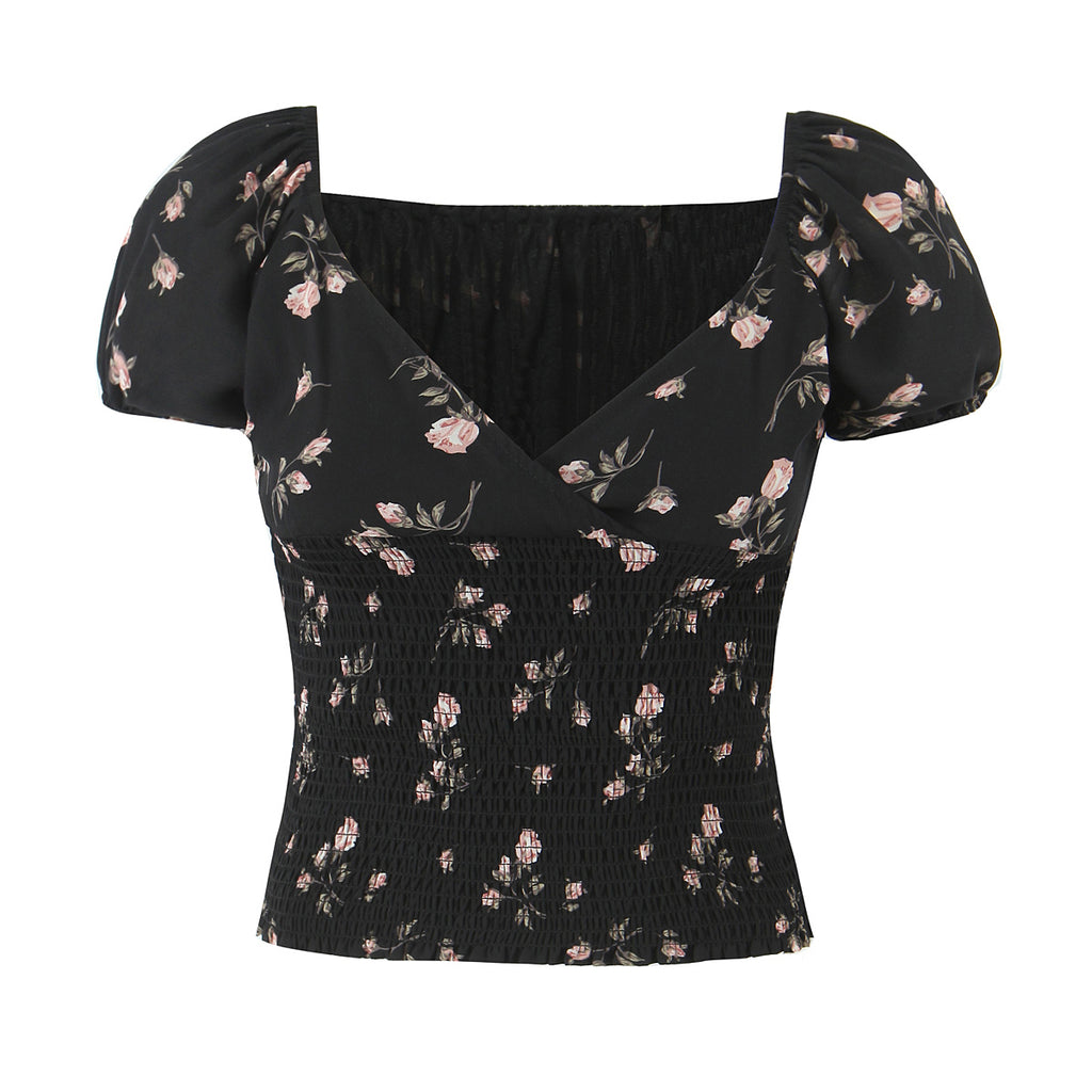 Women's French Retro V Neck Ruffled Puff Sleeve Top Women Floral Vacation Short Sleeve Shirt
