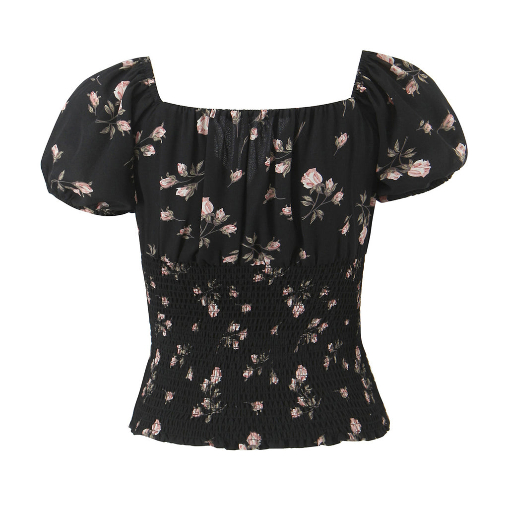 Women's French Retro V Neck Ruffled Puff Sleeve Top Women Floral Vacation Short Sleeve Shirt